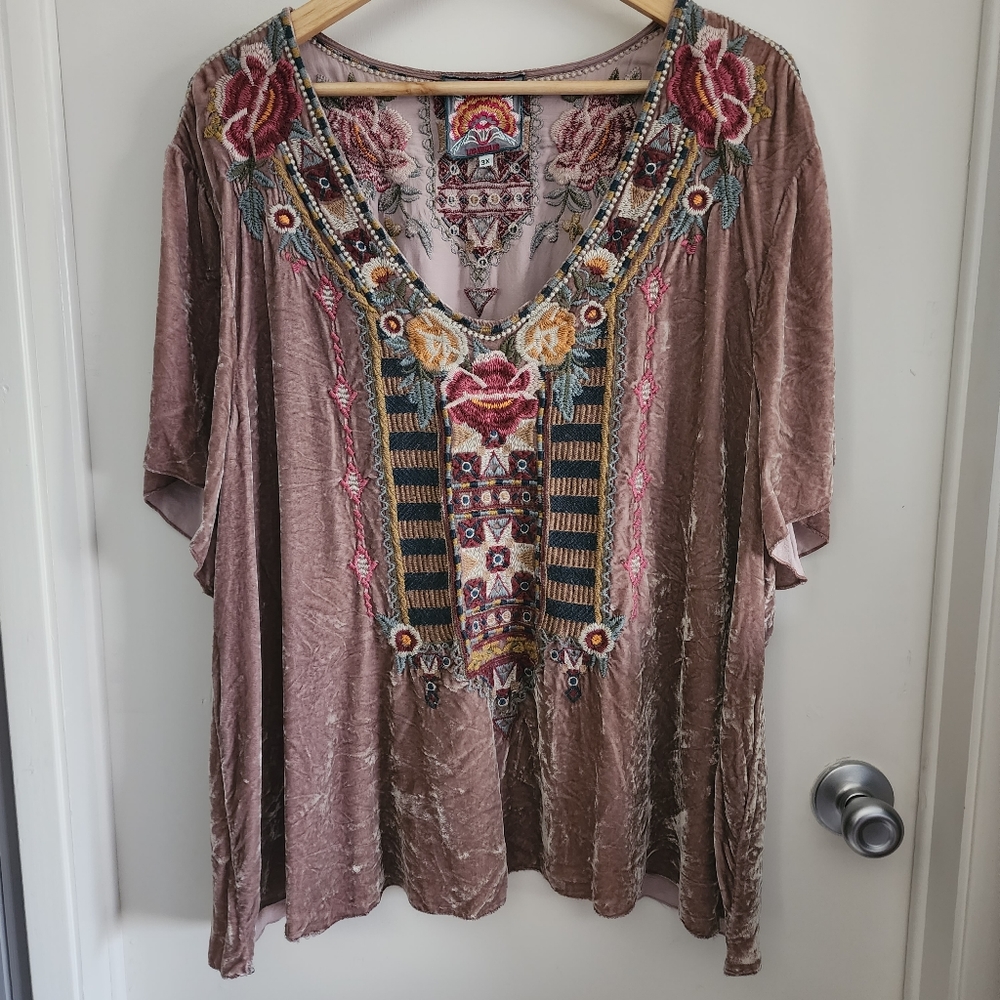 3X Johnny Was Velvet & Embroidered Top
